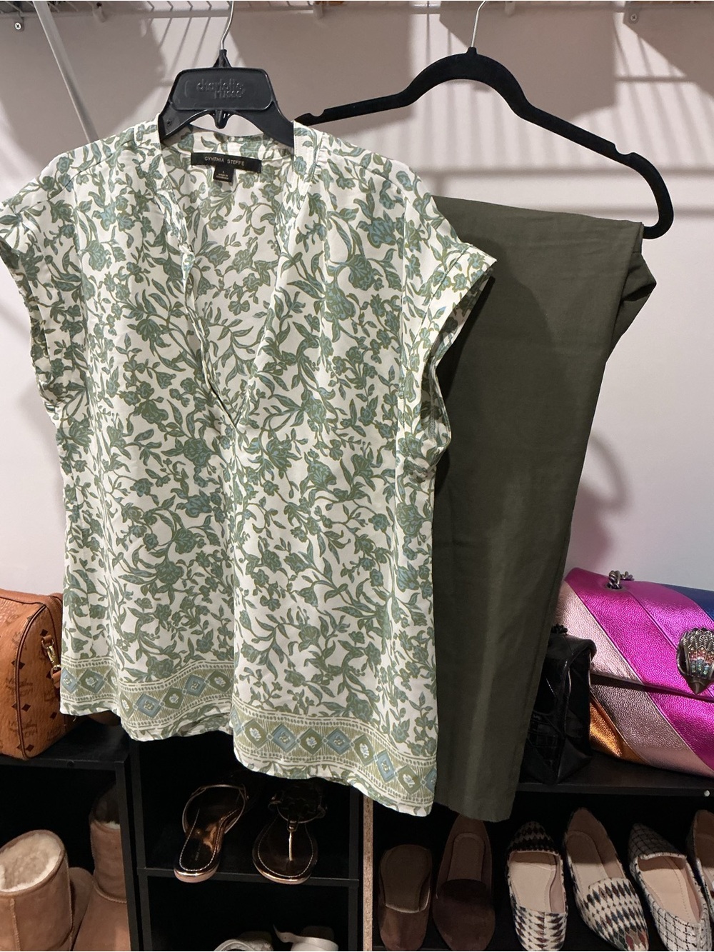 Caslon Cream and Sage Green Floral V-Neck Blouse